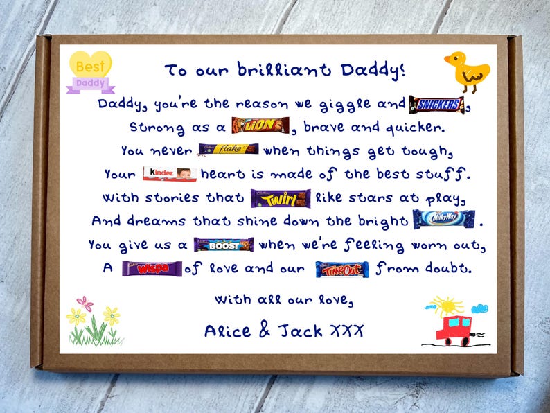 May include: A rectangular cardboard gift box containing a white card with a poem addressed to Daddy. The poem incorporates various candy bar brand names into the text, decorated with colorful hand-drawn illustrations of a duck, flowers, and a car.
