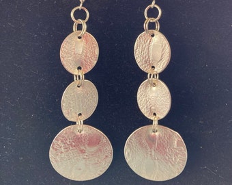 Sterling Silver Dangle Oval Earrings. Textured Sterling Silver Earrings. 3 textured Ovals. Long Earrings. OOAK. A lovely gift or treat.