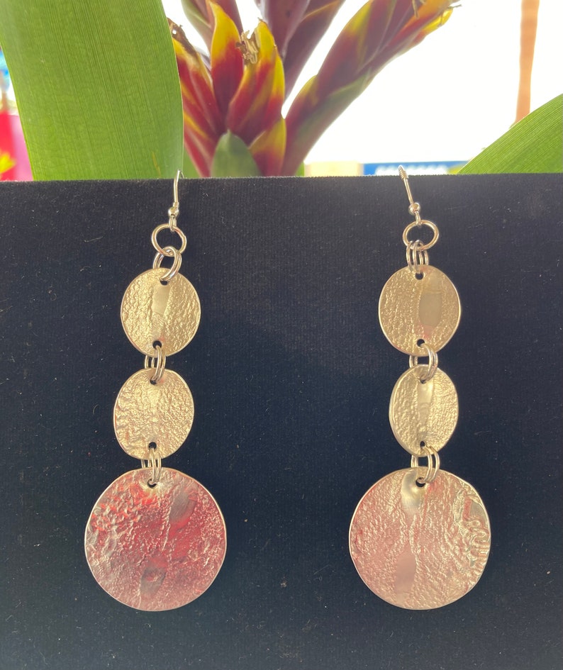 Sterling Silver Dangle Oval Earrings. Textured Sterling Silver Earrings. 3 textured Ovals. Long Earrings. OOAK. A lovely gift or treat. image 3