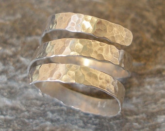 Ring. 3-strand Sterling Silver Thick Spiral Hammered Ring, or in 9ct Gold. 3 Times Wrap Around Ring. Made in any size.