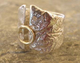 Undulating Sterling Silver and 9ct Gold Textured Ring. Rippling, highly polished. Made in any size.