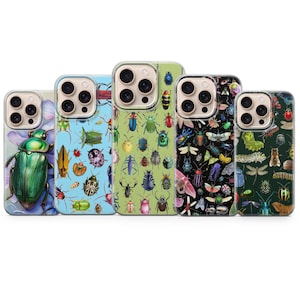 May include: Five phone cases with insect designs. The cases feature various colorful beetles, butterflies, and other insects on a clear background. The cases are in shades of green, blue, and black.