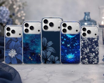 Floral Phone Case Navy Blue Cover for iPhone 17 Pro Max, 17e, 15, 14, 13 & Samsung S26 Ultra, S25 FE, A57, A56, Pixel 10, 9A