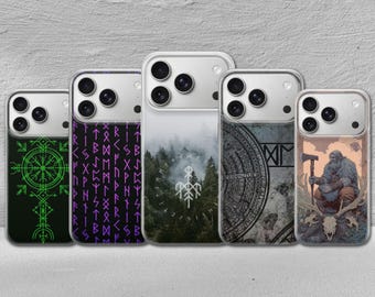 Custodia per telefono con rune vichinghe e mitologia per iPhone 17 Pro Max, 17e, 15, 14, 13 e Samsung S26 Ultra, S25 FE, A57, A56, Pixel 10, 9A