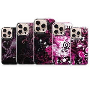 May include: Five phone cases with different designs in black and pink. The cases display patterns such as hearts, swirls, and geometric shapes. Some cases have the word "welcome" printed on them.