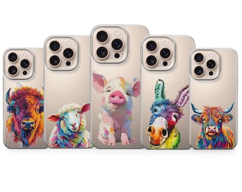 Custodia per telefono con motivo animali da fattoria, tavolozza di colori, trasparente, per iPhone 17 Pro Max, 17e, 15, 14, 13 e Samsung S26 Ultra, S25 FE, A57, A56, Pixel 10, 9A