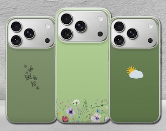 Custodia per telefono minimalista verde con motivo floreale per iPhone 17 Pro Max, 17e, 15, 14, 13 e Samsung S26 Ultra, S25 FE, A57, A56, Pixel 10, 9A