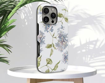 Blue Hydrangea Phone Case Floral TOUGH Cover for iPhone 17 Pro Max, 16e, 15, 14, 13 & Samsung S26 Ultra, S25 FE, A57, A56, Pixel 10, 9A