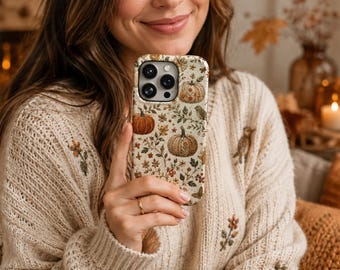 Embroidered Pumpkin Phone Case Autumn TOUGH Cover for iPhone 17 Pro Max, 16e, 15, 14, 13 & Samsung S26 Ultra, S25 FE, A57, A56, Pixel 10, 9A