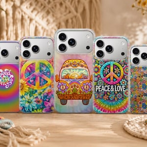 May include: Five smartphone cases featuring colorful designs. The first has a rainbow swirl and text reading Good Vibes Only. The second shows a peace sign and flowers. The third depicts a van with text All Good Things Are Wild And Free. The fourth displays a peace sign, flowers, and text reading Peace & Love. The fifth has a dense floral pattern.