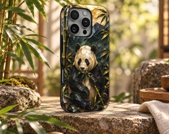 May include: A smartphone case featuring a detailed illustration of a panda sitting among bamboo stalks. The panda has a segmented, mosaic-like appearance in shades of black, white, and gold, set against a dark, textured background with mountain silhouettes.