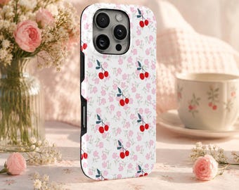 Cherry Phone Case Floral TOUGH Cover for iPhone 17 Pro Max, 16e, 15, 14, 13 & Samsung S26 Ultra, S25 FE, A57, A56, Pixel 10, 9A