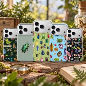 May include: Five smartphone cases featuring insect illustrations. One case is solid light green with a single metallic green beetle. The others display patterns of various colorful beetles, moths, and dragonflies on dark green, light green, blue, and black backgrounds.