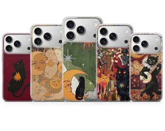 Black Cat Phone Case Moon Cover for iPhone 17 Pro Max, 17e, 15, 14, 13 & Samsung S26 Ultra, S25 FE, A57, A56, Pixel 10, 9A