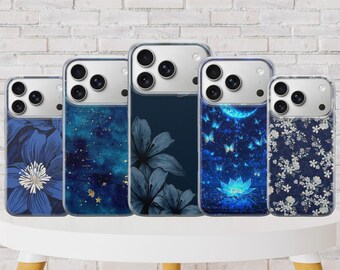Dark Blue Phone Case Navy Blue Floral Cover for iPhone 17 Pro Max, 17e, 15, 14, 13 & Samsung S26 Ultra, S25 FE, A57, A56, Pixel 10, 9A