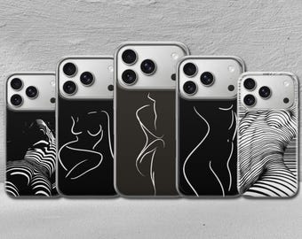 Custodia per telefono con linea artistica e corpo di donna nuda per iPhone 17 Pro Max, 17e, 15, 14, 13 e Samsung S26 Ultra, S25 FE, A57, A56, Pixel 10, 9A