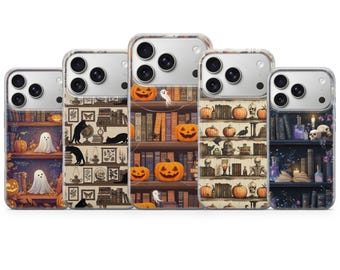 Halloween Phone Case Bookshelf Cover for iPhone 17 Pro Max, 17e, 15, 14, 13 & Samsung S26 Ultra, S25 FE, A57, A56, Pixel 10, 9A