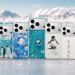 May include: Five clear smartphone cases featuring various penguin illustrations. The designs include two penguins on ice, a group of penguins in blue water, a single penguin swimming, a sketch of a penguin, and a vertical row of four small penguins.