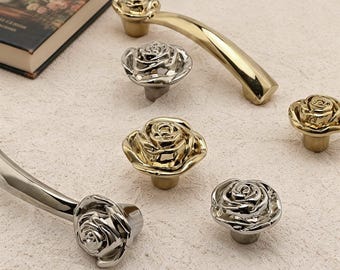 Rosen Messing Griff, Silber Messing Knäufe, Elegante Dresser Pulls