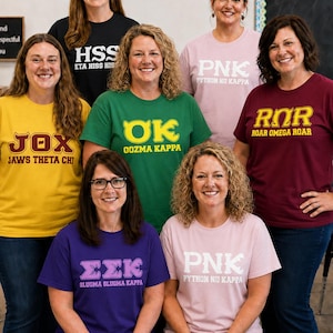 May include: Seven individuals wearing short-sleeved t-shirts in various colors including yellow, black, green, light pink, maroon, and purple. Each shirt features Greek-style lettering and text such as Jaws Theta Chi, HSS, OK, and PNK.