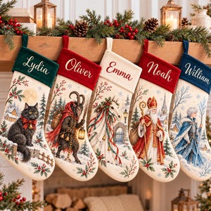 May include: Five Christmas stockings with velvet cuffs featuring the names Lydia, Oliver, Emma, Noah, and William. The stockings display illustrations of a black cat, a horned creature, a white horse, Saint Nicholas, and a winter figure.