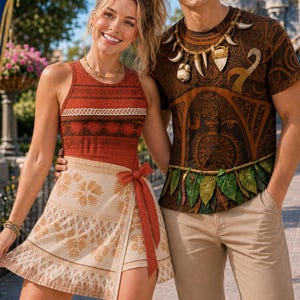 Pode incluir: Um top sem mangas cor de ferrugem com corpete estampado, uma saia envelope creme com desenhos florais e laço vermelho, e uma camisa castanha de manga curta com estampa tribal, bainha de folhas e um grande colar em forma de dentes.