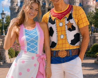 Bo Peep Wrap Skort Dress and Woody 3D Shirt, Bo Peep and Woody Couple Costume, Toy Story Halloween Costume Cosplay Outfit