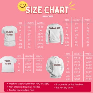 Op de afbeelding: Maattabel in inches voor unisex T-shirts, sweatshirts, jeugd T-shirts en hoodies. De tabel toont lengte- en breedtematen voor maten S tot 4XL. Wasvoorschriften staan ook vermeld.