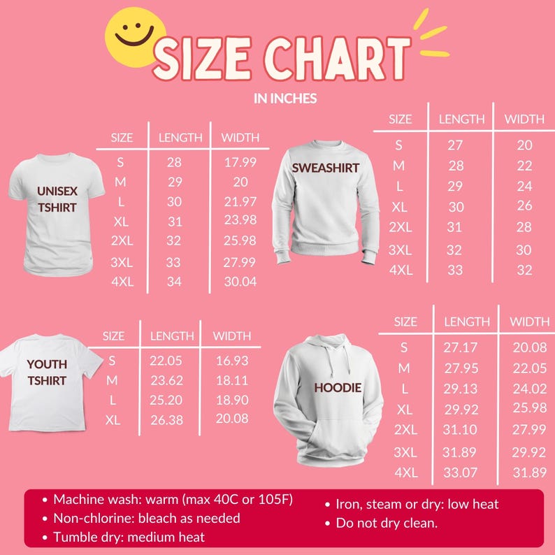 Op de afbeelding: Maattabel in inches voor unisex T-shirts, sweatshirts, jeugd T-shirts en hoodies. De tabel toont lengte- en breedtematen voor maten S tot 4XL. Wasvoorschriften staan ook vermeld.