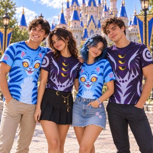 May include: Four individuals wearing graphic t-shirts. Two shirts feature a blue striped cat face with yellow eyes, while two shirts display a dark purple design with three yellow eyes. The shirts are paired with khaki pants, a black skirt, and denim.
