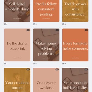 Puede incluir: Una colección de tarjetas de citas de marketing digital en varios colores, incluyendo naranja y melocotón. Cada tarjeta presenta texto como "Sell digital simplicity daily" y "Profits follow consistent posting."