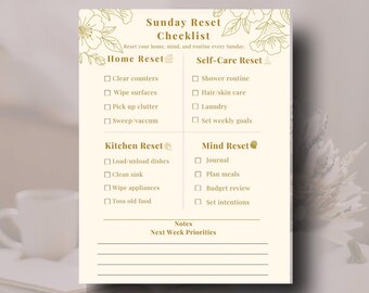 Sunday Reset Checklist | Home & Self-Care Routine (Digital + Printable)