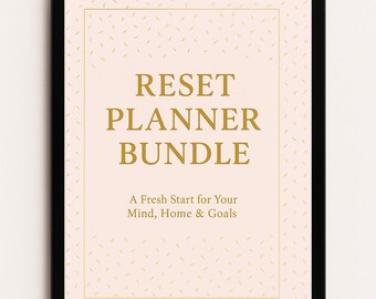 May include: A digital tablet displays a "RESET PLANNER BUNDLE" graphic with the tagline "A Fresh Start for Your Mind, Home & Goals." The design features a light pink background with a gold dotted pattern and gold text.