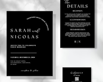 Black Minimalist Wedding Invitation Bundle - Editable Canva Template - Printable Wedding Invite Suite