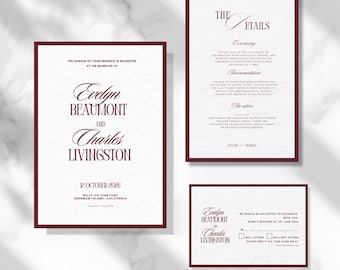 Burgundy Wedding Invitation Template | Dark Red Wedding Suite | Old Money Editorial Invite | Editable Wedding Bundle