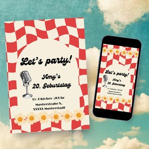 Könnte beinhalten: Eine Geburtstagseinladung und ein Smartphone mit dem gleichen Design. Die Einladung und der Telefonbildschirm zeigen ein rot-weißes Schachbrettmuster, den Text "Let's party!" und "Amy's 20. Geburtstag" mit einer Mikrofonillustration.