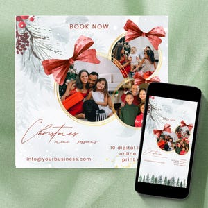Könnte beinhalten: Werbebild für Weihnachts-Minisessions. Das Design zeigt Familienfotos in goldenen Kreisen, verziert mit roten Schleifen und Winterlaub. Ein Smartphone zeigt das gleiche Design. Der Text enthält "Jetzt buchen" und "Weihnachts-Minisessions".