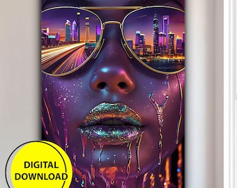Cyberpunk Woman Digital Download Wall Art: Neon Cityscape Printable Decor