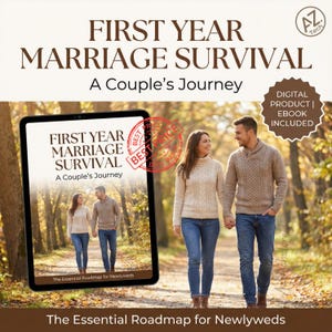 May include: A digital product titled "First Year Marriage Survival: A Couple's Journey" is displayed on a tablet. The image shows a couple walking on a path. The text "The Essential Roadmap for Newlyweds" is at the bottom.