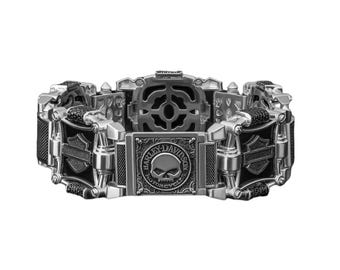 Harley Davidson style 925 Sterling Silver Biker Bracelet - Authentic Logo Design, Stylish Motorcycle-Inspired Jewelry for Men & Women