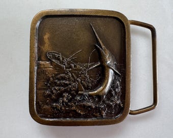 Hebilla de cinturón IMC vintage Marlin Billfish de 1978, rara y de colección.