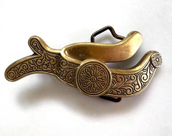 1982 Rara fibbia per cintura vintage Art Nouveau astratta in ottone massiccio BBB Baron Buckles