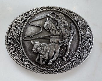 Western Rodeo Calf Roping Belt Buckle Vintage NOS 1981 by Indiana Metal Craft