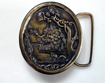 Vintage-Gürtelschnalle aus Metall mit malerischem Naturmotiv aus Indiana
