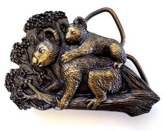 1979 Koala Bear and Joey Vintage Belt Buckle Eucalyptus Tree Scene by Bergamot Brass Works