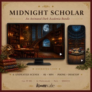 Peut inclure: Publicité pour le pack "Midnight Scholar" d'animation dark academia. L'image montre un écran d'ordinateur et un smartphone affichant des scènes animées d'une bibliothèque. La scène comprend un globe, des livres et un escalier. Le texte indique "6 scènes animées, 4K + MP4, téléphone + bureau."