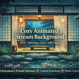 Könnte beinhalten: Digitale Illustration eines japanischen Zimmers mit einem Teich und Koi-Karpfen. Der Text "Cozy Animated Stream Background" wird angezeigt. Das Bild enthält den Text "MP4 • Seamless Loop • OBS Ready" und weitere Details.