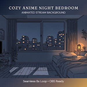 May include: Anime-style illustration of a cozy bedroom at night. The room features a large window overlooking a city skyline, a bed, a TV, and a nightstand with a lamp. The text at the top says "COZY ANIME NIGHT BEDROOM".