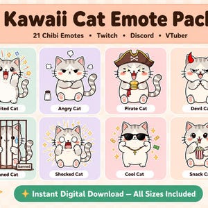 Peut inclure: Une collection numérique intitulée Kawaii Cat Emote Pack comprenant 21 émoticônes de chat chibi pour Twitch, Discord et VTuber. L'image présente huit chats illustrés avec diverses expressions, notamment excité, en colère, pirate, diable, banni, choqué, cool et gourmand.
