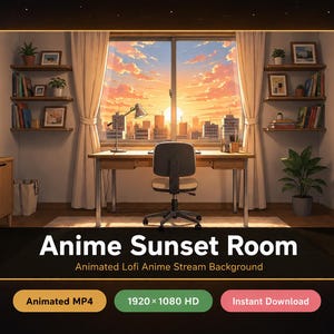 Fondo animado de anime con puesta de sol para VTuber / Superposición acogedora para transmisión de Twitch con estilo lofi / Bucle de OBS "Comenzando pronto" / MP4